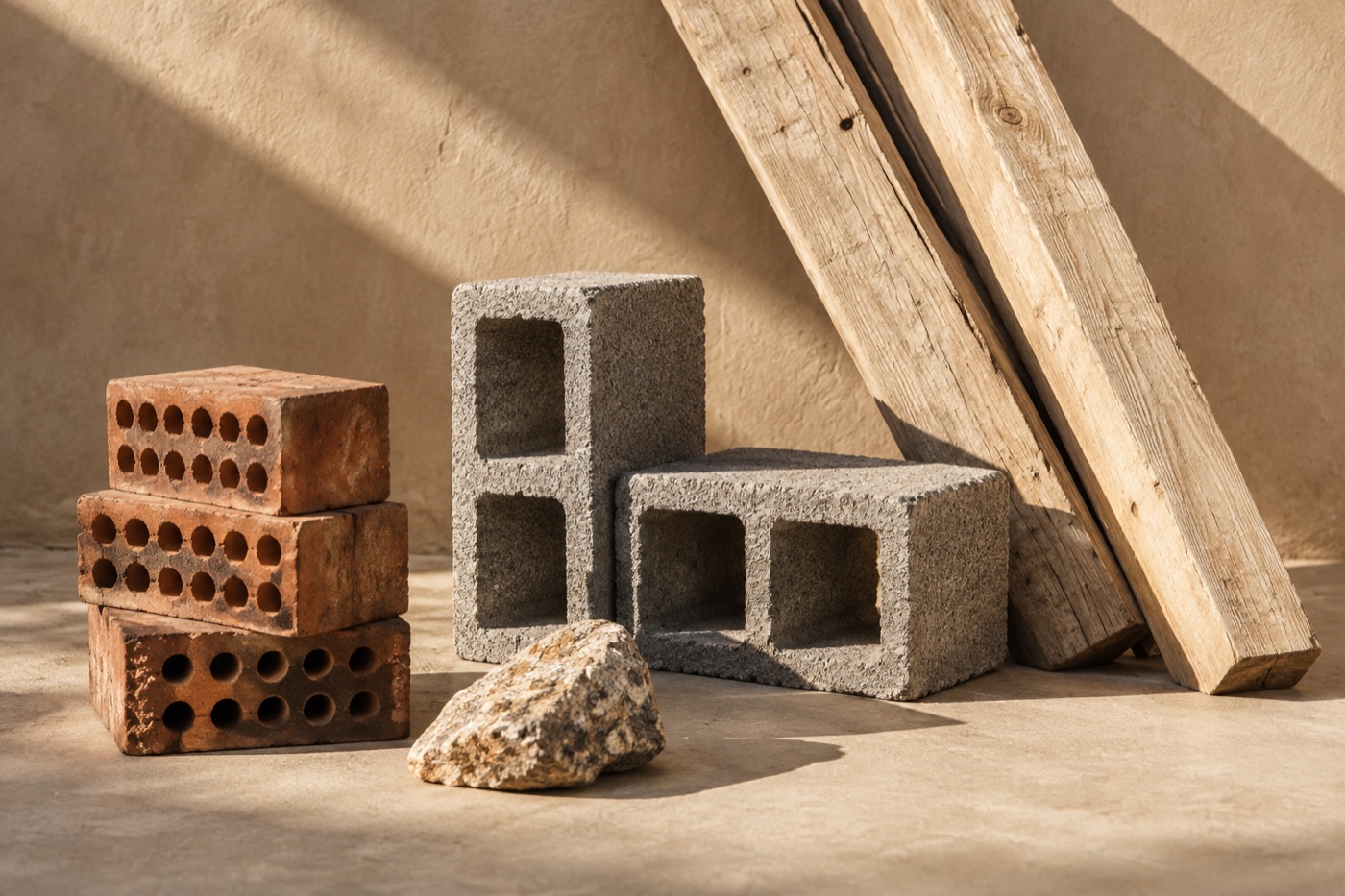 Ladrillos rojos, block hueco, una piedra y tablones de pino apilados contra una pared con sol de tarde